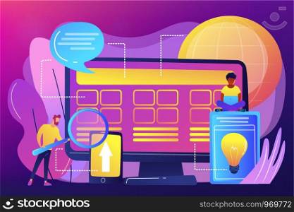 Tiny people developers at computer working on core system. Core system development, all in one software solution, core system modernization concept. Bright vibrant violet vector isolated illustration. Core system development concept vector illustration.