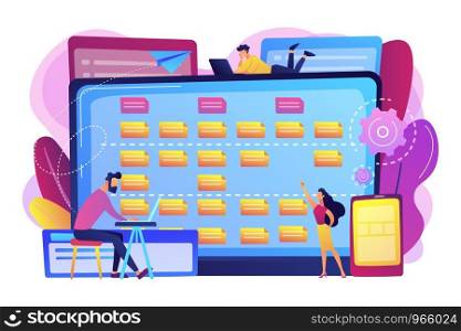 Tiny people developers at laptop and customer requirements. Software requirement description, user case agile tool, business analysis concept. Bright vibrant violet vector isolated illustration. Software requirement description concept vector illustration.