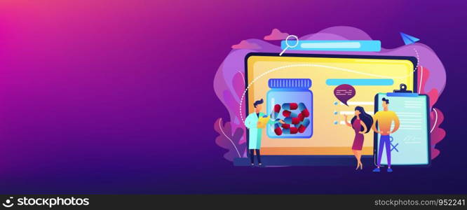 Tiny people, doctor prescribing medicine to patients online. Online prescription system, prescription management system, online pharmacy concept. Header or footer banner template with copy space.. Online prescription system concept banner header.