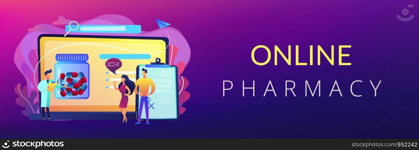 Tiny people, doctor prescribing medicine to patients online. Online prescription system, prescription management system, online pharmacy concept. Header or footer banner template with copy space.. Online prescription system concept banner header.