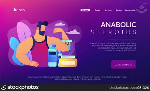 Tiny people doctor with syringe doing anabolic steroids injection to an athlete. Anabolic steroids, anti-aging aid, illegal sport drugs concept. Website vibrant violet landing web page template.. Anabolic steroids concept landing page.