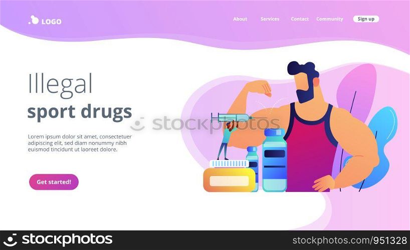 Tiny people doctor with syringe doing anabolic steroids injection to an athlete. Anabolic steroids, anti-aging aid, illegal sport drugs concept. Website vibrant violet landing web page template.. Anabolic steroids concept landing page.