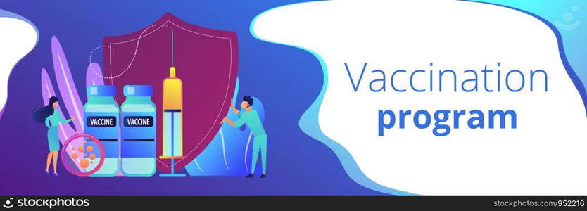 Tiny people doctors and syringe with vaccine, shield. Vaccination program, disease immunization vaccine, medical health protection concept. Header or footer banner template with copy space.. Vaccination program concept banner header.