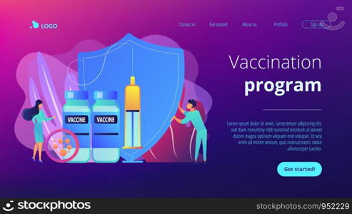 Tiny people doctors and syringe with vaccine, shield. Vaccination program, disease immunization vaccine, medical health protection concept. Website vibrant violet landing web page template.. Vaccination program concept landing page.