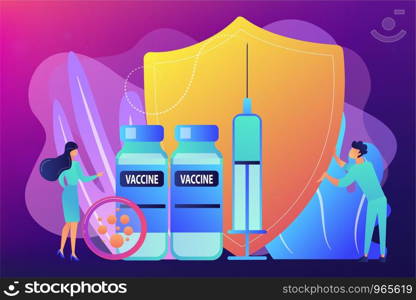 Tiny people doctors and syringe with vaccine, shield. Vaccination program, disease immunization vaccine, medical health protection concept. Bright vibrant violet vector isolated illustration. Vaccination program concept vector illustration.