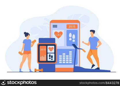 Tiny people doing exercise without gym flat vector illustration. Cartoon man and woman training with virtual sport app with heart pulse. Healthy lifestyle and health concept