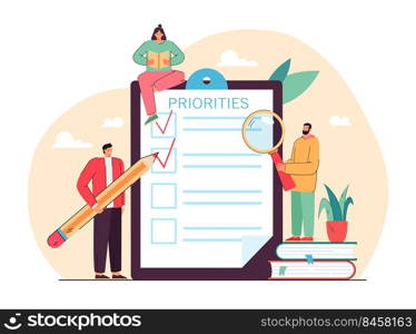 Tiny people doing priorities checklist flat vector illustration. Cartoon characters prioritizing important tasks and making notes. Work planning and management concept