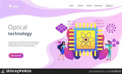 Tiny people engineer and scientist working with quantum computer chip. Optical technology, photonics research, quantum computing concept. Website vibrant violet landing web page template.. Optical technology concept landing page.