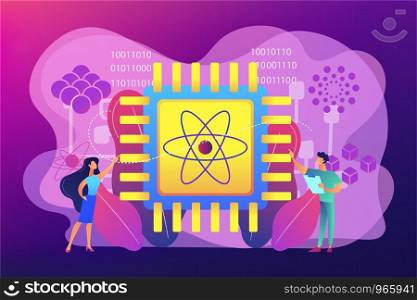 Tiny people engineer and scientist working with quantum computer chip. Optical technology, photonics research, quantum computing concept. Bright vibrant violet vector isolated illustration. Optical technology concept vector illustration.