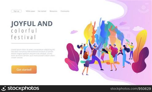 Tiny people enjoying traditional holiday of colors celebration. Holi festival, joyful and colorful festival, city festival day concept. Website homepage landing web page template.. Holi festival concept vector illustration