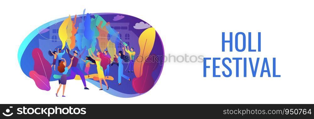 Tiny people enjoying traditional holiday of colors celebration. Holi festival, joyful and colorful festival, city festival day concept. Header or footer banner template with copy space.. Holi festival concept banner header.