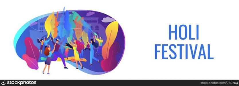 Tiny people enjoying traditional holiday of colors celebration. Holi festival, joyful and colorful festival, city festival day concept. Header or footer banner template with copy space.. Holi festival concept banner header.