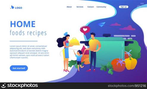 Tiny people family waiting for wife in apron cook tasty food and big pot, vegetables. Home cooking, home foods recipes, family time activity concept. Website vibrant violet landing web page template.. Home cooking concept landing page.