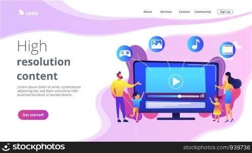 Tiny people family with kids watching smart television content. Smart TV content, smart TV interactive show, high resolution content concept. Website vibrant violet landing web page template.. SmartTV content concept landing page.
