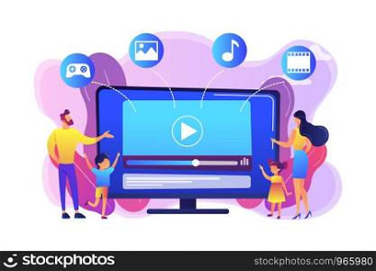 Tiny people family with kids watching smart television content. Smart TV content, smart TV interactive show, high resolution content concept. Bright vibrant violet vector isolated illustration. SmartTV content concept vector illustration.