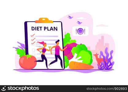 Tiny people fit couple training, nutrition control, diet plan and vegetables. Weight loss diet, low-carb diet, healthy meal food concept. Vector isolated concept creative illustration.. Weight loss diet concept vector illustration.