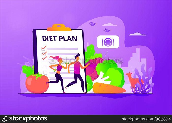 Tiny people fit couple training, nutrition control, diet plan and vegetables. Weight loss diet, low-carb diet, healthy meal food concept. Vector isolated concept creative illustration.. Weight loss diet concept vector illustration.