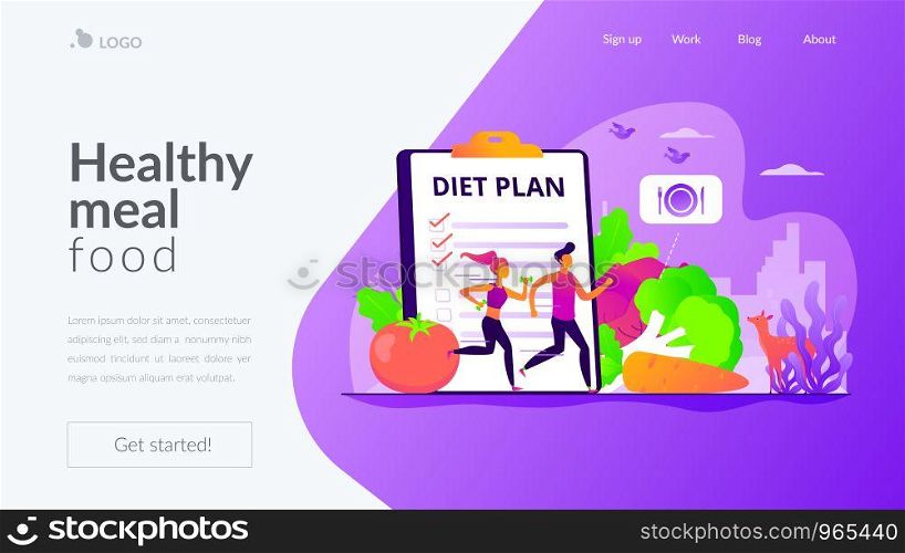 Tiny people fit couple training, nutrition control, diet plan and vegetables. Weight loss diet, low-carb diet, healthy meal food concept. Website homepage header landing web page template.. Weight loss diet landing page template.