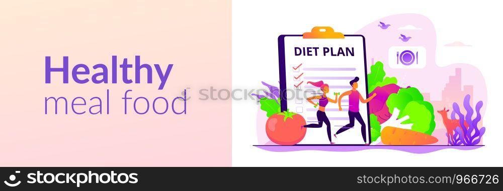 Tiny people fit couple training, nutrition control, diet plan and vegetables. Weight loss diet, low-carb diet, healthy meal food concept. Header or footer banner template with copy space.. Weight loss diet web banner concept.