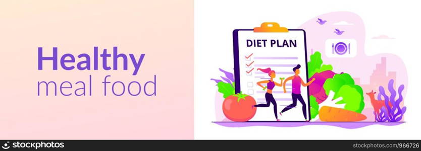 Tiny people fit couple training, nutrition control, diet plan and vegetables. Weight loss diet, low-carb diet, healthy meal food concept. Header or footer banner template with copy space.. Weight loss diet web banner concept.