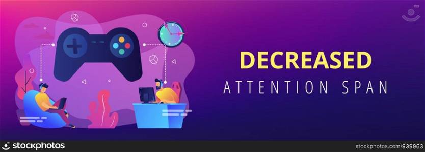 Tiny people gamers playing online video game, huge joystick and clock. Gaming disorder, video gaming addiction, decreased attention span concept. Header or footer banner template with copy space.. Gaming disorder concept banner header.