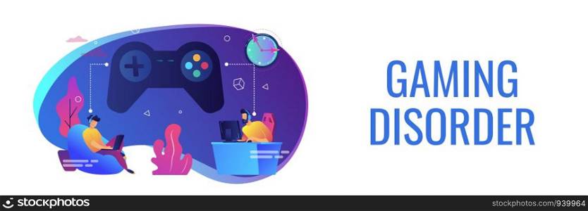 Tiny people gamers playing online video game, huge joystick and clock. Gaming disorder, video gaming addiction, decreased attention span concept. Header or footer banner template with copy space.. Gaming disorder concept banner header.