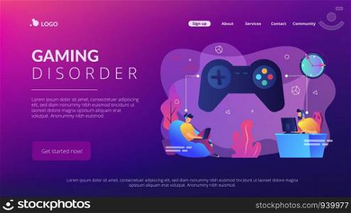Tiny people gamers playing online video game, huge joystick and clock. Gaming disorder, video gaming addiction, decreased attention span concept. Website vibrant violet landing web page template.. Gaming disorder concept landing page.