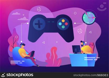 Tiny people gamers playing online video game, huge joystick and clock. Gaming disorder, video gaming addiction, decreased attention span concept. Bright vibrant violet vector isolated illustration. Gaming disorder concept vector illustration.