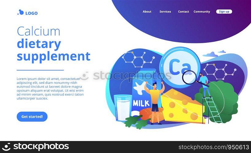 Tiny people, healthy sportsman with organic food high in calcium. Uses of calcium, calcium dietary supplement, strong bones and teeth concept. Website homepage landing web page template.. Uses of Calcium concept landing page.