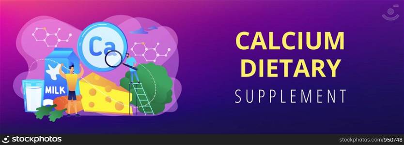Tiny people, healthy sportsman with organic food high in calcium. Uses of calcium, calcium dietary supplement, strong bones and teeth concept. Header or footer banner template with copy space.. Uses of Calcium concept banner header.