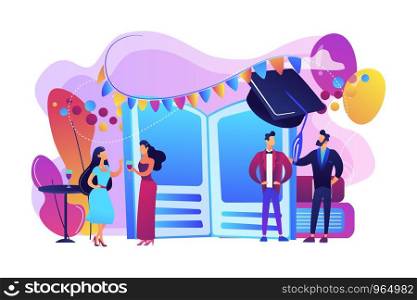 Tiny people high school students in dresses and suits chatting at promenade dance. Prom party, prom night invitation, promenade school dance concept. Bright vibrant violet vector isolated illustration. Prom party concept vector illustration.