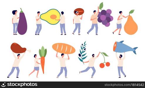 Tiny people hold big food. Fruit vegetables, giant goods. Store or supermarket characters, farm industry. Woman man with grape meat fish vector set. Illustration people with food nutrition, huge food. Tiny people hold big food. Fruit vegetables, giant goods. Store or supermarket characters, farm industry. Woman man with grape meat fish vector set