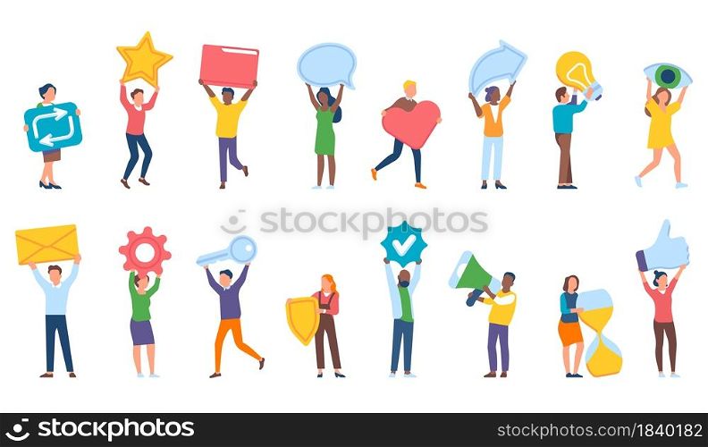Tiny people hold items. Cartoon persons with social media icons, web signs, feedback star, heart, idea light bulb, men and women holding simbols vector set. Tiny people hold items. Cartoon persons with social media icons, web signs, feedback star, heart, idea light bulb, men and women, vector set