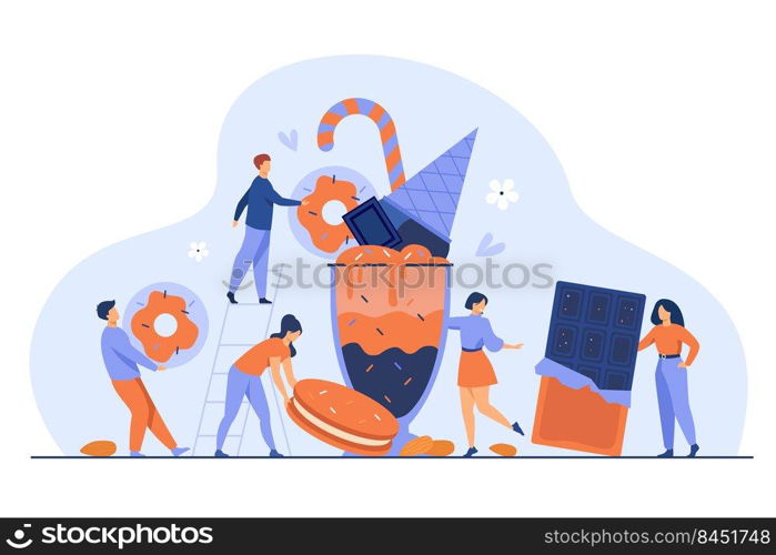 Tiny people holding and carrying bars of chocolate, biscuit, donut, ice cream, milk shake. Vector illustration for sweet dish, dessert, pastry, bakery, sugar concept