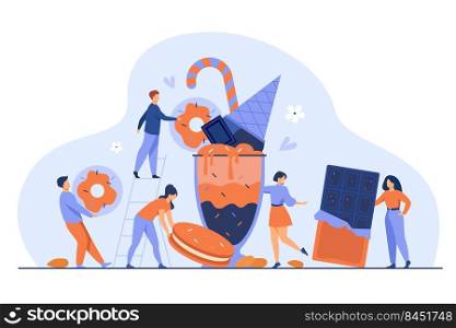 Tiny people holding and carrying bars of chocolate, biscuit, donut, ice cream, milk shake. Vector illustration for sweet dish, dessert, pastry, bakery, sugar concept