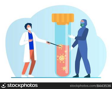 Tiny people in protective uniform holding flask with blood. Coronavirus, mask, analysis flat vector illustration. Pandemic and medicine concept for banner, website design or landing web page