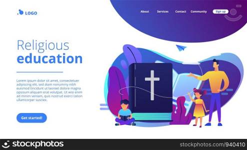 Tiny people, kids boy and girl in christian summer camp reading bible. Religious summer camp, faith based camp, religious education concept. Website vibrant violet landing web page template.. Religious summer camp concept landing page.
