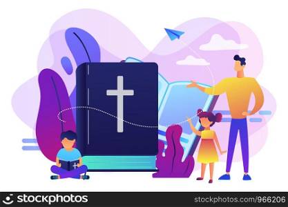 Tiny people, kids boy and girl in christian summer camp reading bible. Religious summer camp, faith based camp, religious education concept. Bright vibrant violet vector isolated illustration. Religious summer camp concept vector illustration.