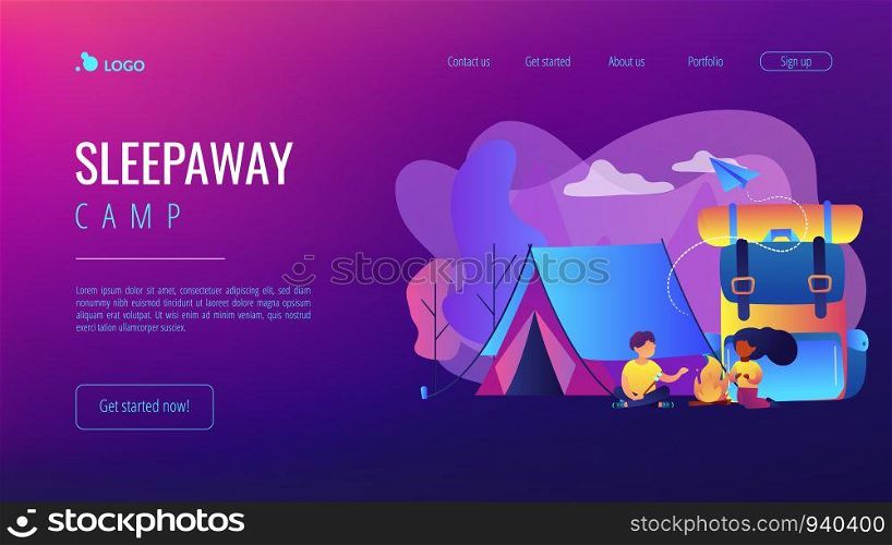 Tiny people kids sitting at campfire and roasting marshmallow near tent and huge backpack. Summer camp, sleepaway camp, kids vacation time concept. Website vibrant violet landing web page template.. Summer camp concept landing page.