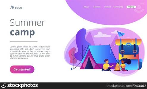Tiny people kids sitting at campfire and roasting marshmallow near tent and huge backpack. Summer camp, sleepaway camp, kids vacation time concept. Website vibrant violet landing web page template.. Summer camp concept landing page.