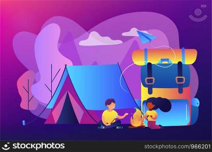 Tiny people kids sitting at campfire and roasting marshmallow near tent and huge backpack. Summer camp, sleepaway camp, kids vacation time concept. Bright vibrant violet vector isolated illustration. Summer camp concept vector illustration.