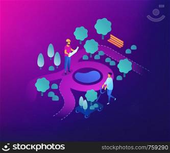 Tiny people landscape designer planning and gardener planting decorative plants. Landscape design, landscape planning, gardening services concept. Ultraviolet neon vector isometric 3D illustration.. Landscape design isometric 3D concept illustration.