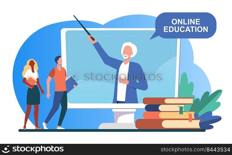 Tiny people listening lecturer on computer screen. Book, student, teacher flat vector illustration. Study and online education concept for banner, website design or landing web page