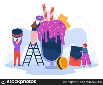 Tiny people making huge sweet cocktail flat vector illustration. Male and female cartoon characters cooking dessert. Men and women holding big biscuits, chocolate bar. Bakery factory, pastry concept