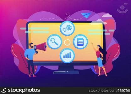Tiny people managers plan and analyse campaign. Marketing campaign management, marketing strategy execution, campaign efficiency control concept. Bright vibrant violet vector isolated illustration. Marketing campaign management concept vector illustration.