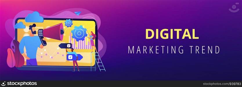 Tiny people, marketer with megaphone, consumers data analysis. Data driven marketing, consumer behaviour analysis, digital marketing trend concept. Header or footer banner template with copy space.. Data driven marketing concept banner header.