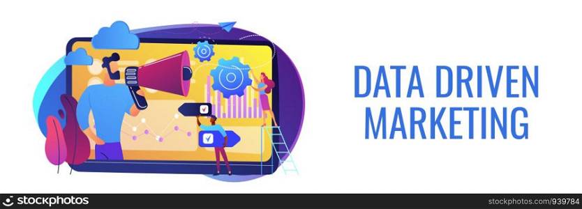 Tiny people, marketer with megaphone, consumers data analysis. Data driven marketing, consumer behaviour analysis, digital marketing trend concept. Header or footer banner template with copy space.. Data driven marketing concept banner header.