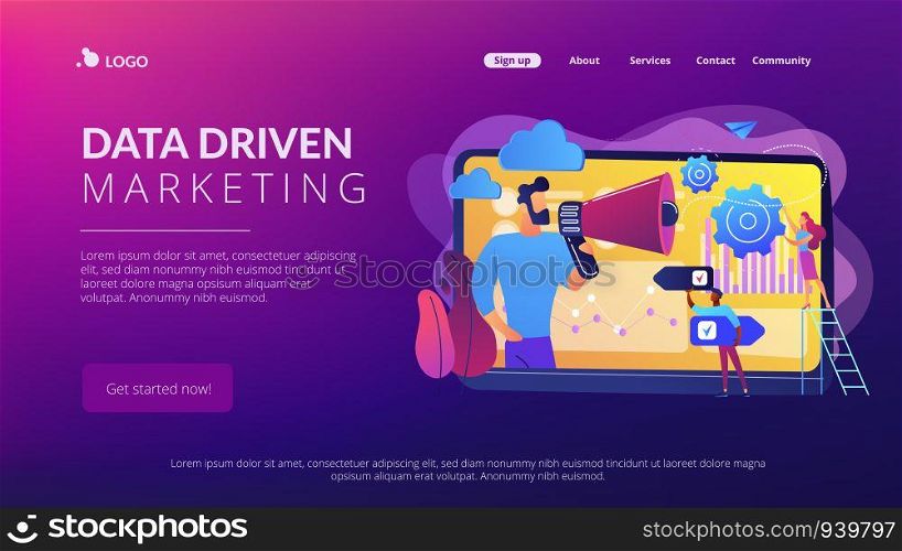 Tiny people, marketer with megaphone, consumers data analysis. Data driven marketing, consumer behaviour analysis, digital marketing trend concept. Website vibrant violet landing web page template.. Data driven marketing concept landing page.