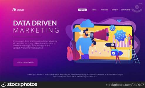 Tiny people, marketer with megaphone, consumers data analysis. Data driven marketing, consumer behaviour analysis, digital marketing trend concept. Website vibrant violet landing web page template.. Data driven marketing concept landing page.