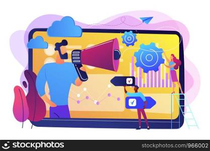 Tiny people, marketer with megaphone, consumers data analysis. Data driven marketing, consumer behaviour analysis, digital marketing trend concept. Bright vibrant violet vector isolated illustration. Data driven marketing concept vector illustration.
